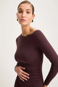 TALA Dresses*365 Asymmetric Ruched Side Long Sleeve Mini Dress - Mulled Wine