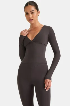 TALA Coffee Dates|Yoga / Pilates*DayFlex Built-In Support V Neck Long Sleeve Top - Cool Espresso