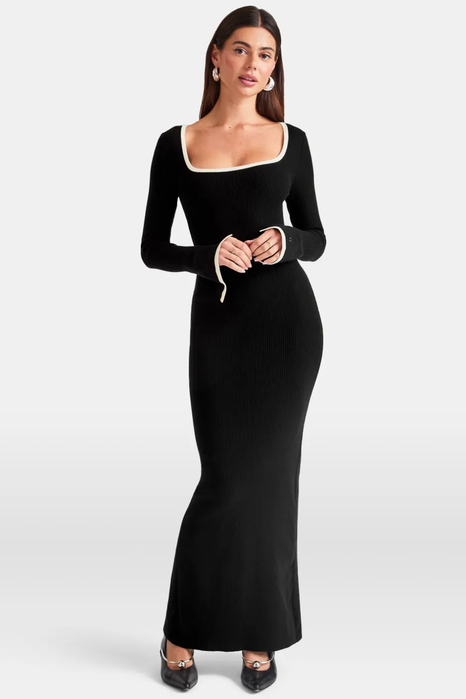 TALA Knitwear|Dresses*Long Sleeve Contrast Ribbed Knit Maxi Dress - And Buttermilk