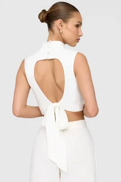 TALA The Bridal Edit*Monaco Linen Blend Mock Neck Tie Back Crop Top -