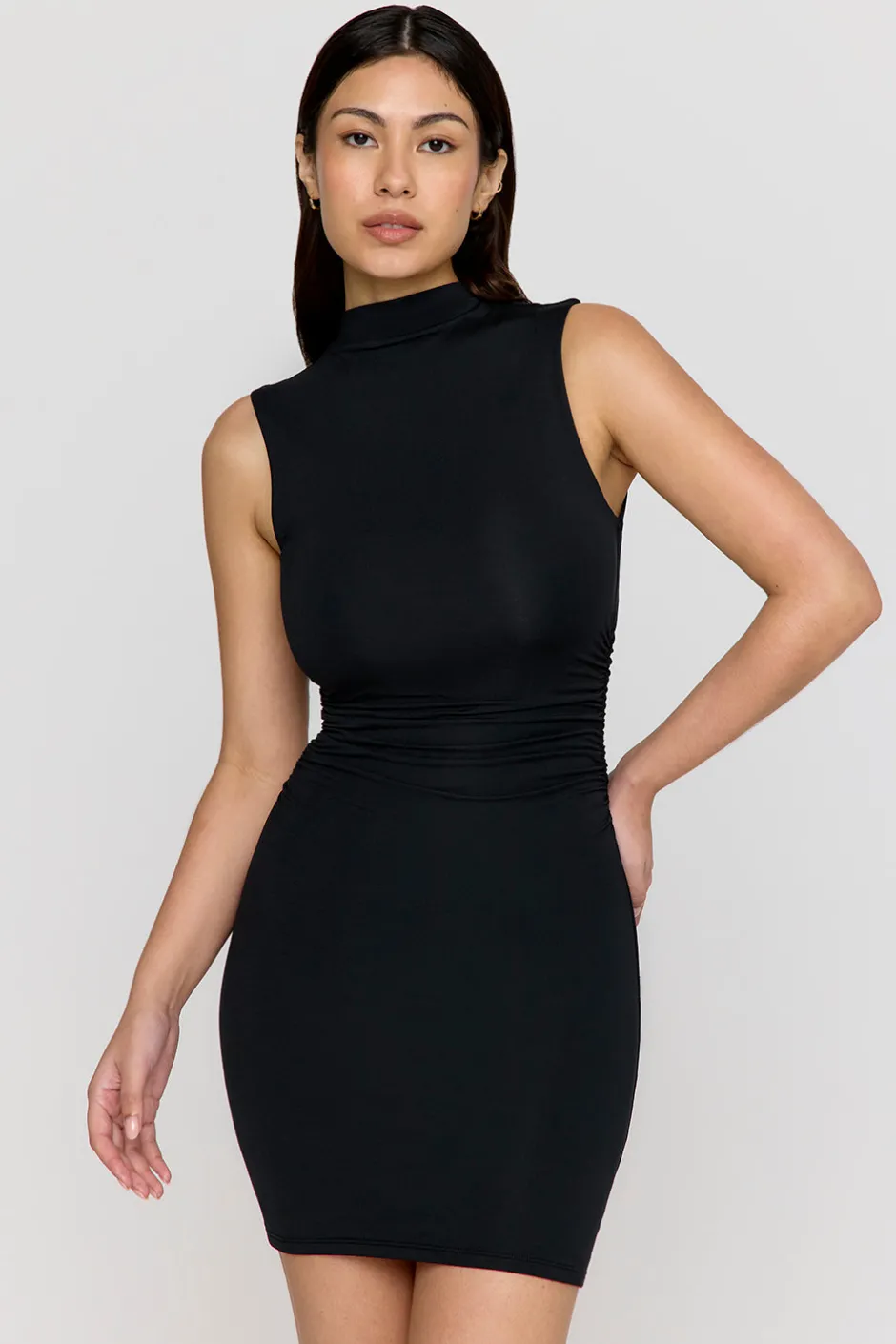 TALA Dresses*365 Ruched Side Mock Neck Mini Dress - Shadow