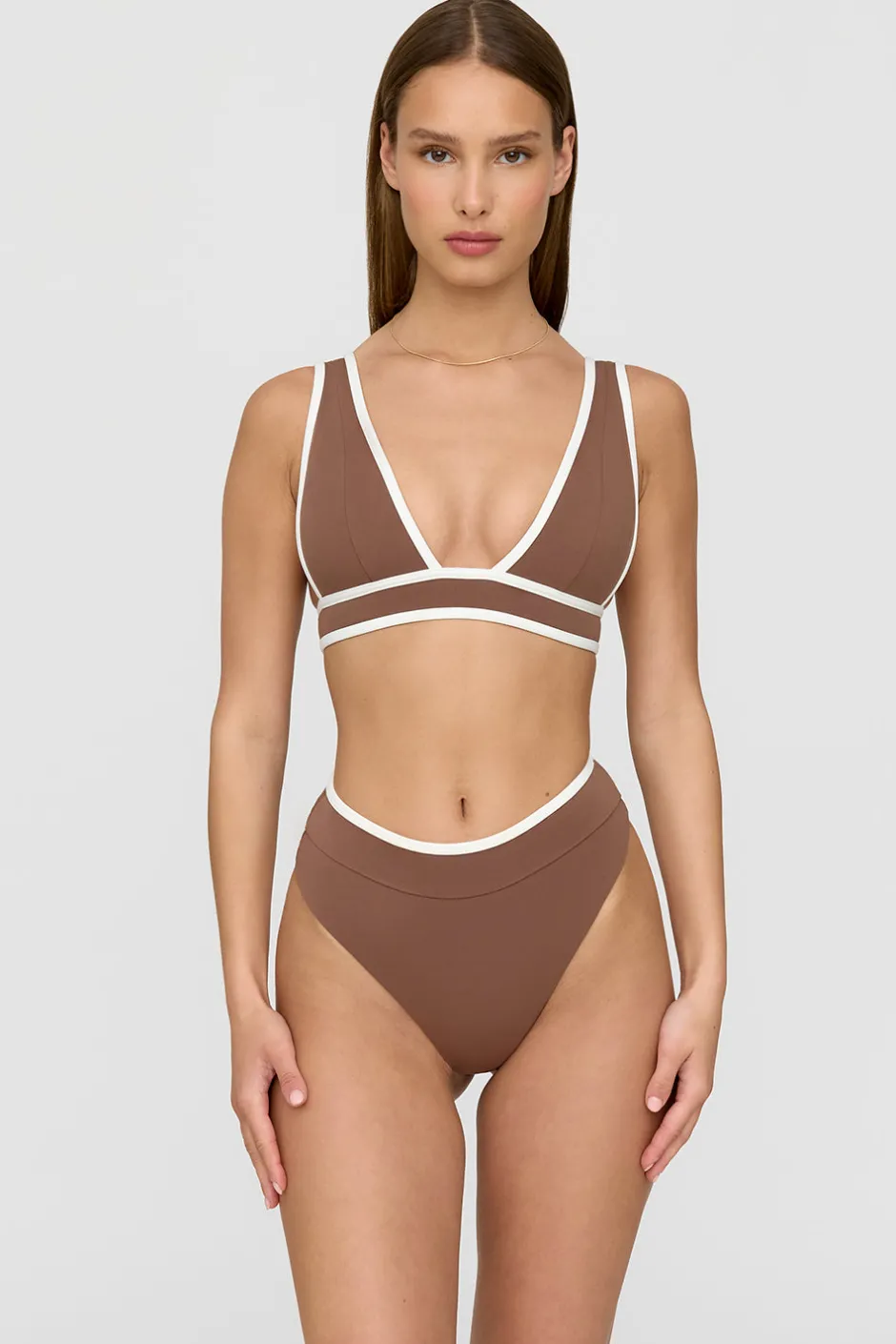 TALA Swimwear*Saint Tropez Contrast Trim Plunge Neck Bikini Top - Terracotta And Coconut Milk