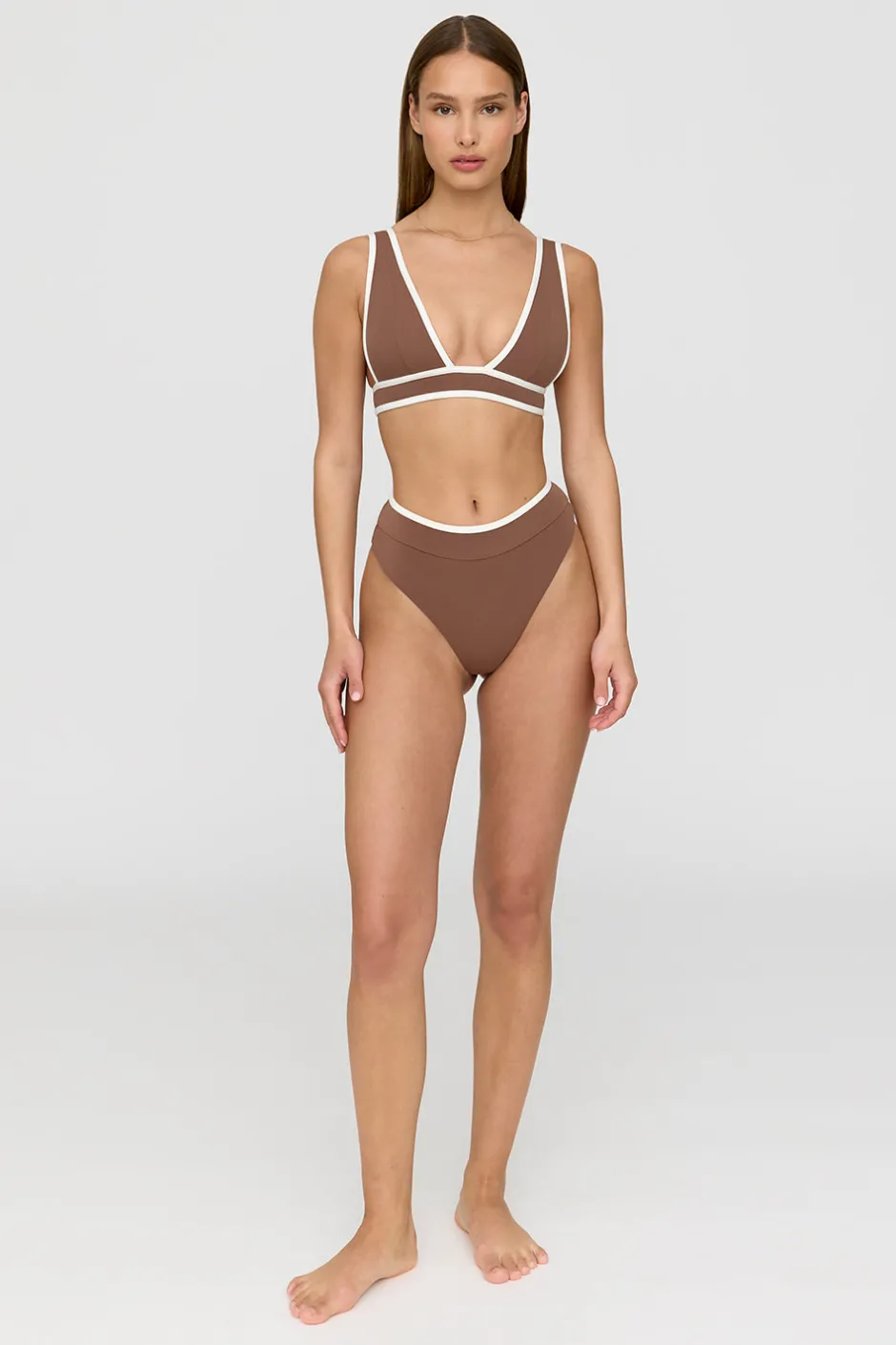 TALA Swimwear*Saint Tropez Contrast Trim Plunge Neck Bikini Top - Terracotta And Coconut Milk