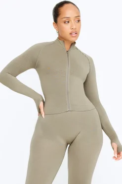 TALA Strength / Lifting|Jackets*Sculpt Seamless Mock Neck Zip Through Jacket- Olive Marl