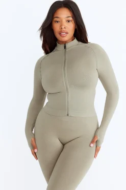 TALA Strength / Lifting|Jackets*Sculpt Seamless Mock Neck Zip Through Jacket- Olive Marl
