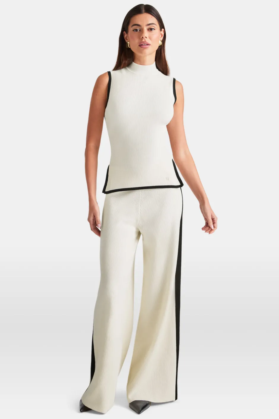 TALA Knitwear|Tops*Sleeveless Mock Neck Ribbed Knit Tank - Buttermilk And Black