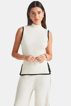 TALA Knitwear|Tops*Sleeveless Mock Neck Ribbed Knit Tank - Buttermilk And Black