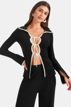 TALA Knitwear|Tops*Slim Fit Long Sleeve Ribbed Knit Tie Top - And Buttermilk