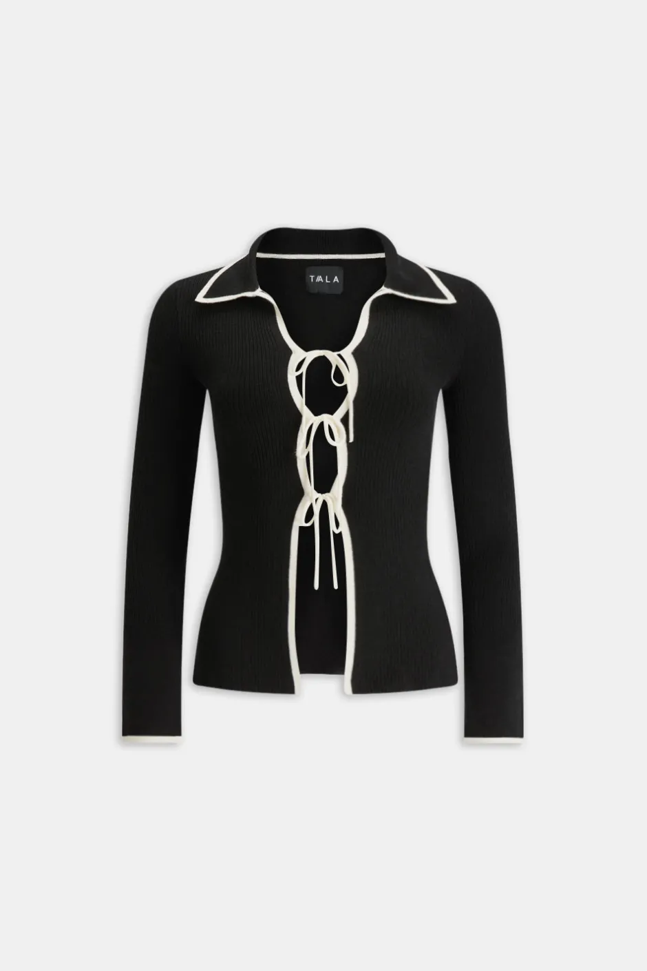 TALA Knitwear|Tops*Slim Fit Long Sleeve Ribbed Knit Tie Top - And Buttermilk