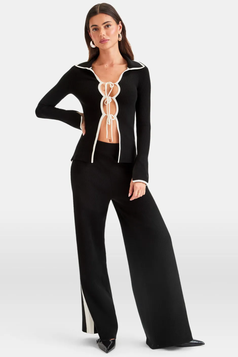 TALA Knitwear|Tops*Slim Fit Long Sleeve Ribbed Knit Tie Top - And Buttermilk