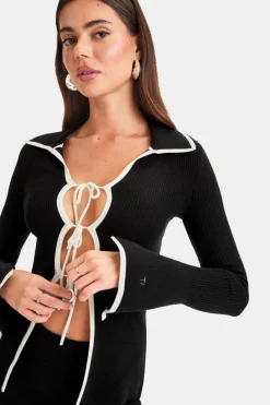 TALA Knitwear|Tops*Slim Fit Long Sleeve Ribbed Knit Tie Top - And Buttermilk