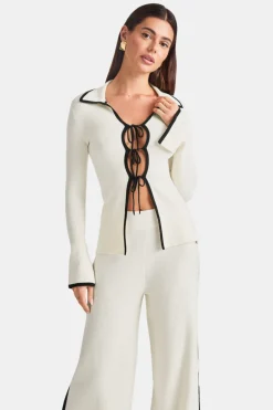 TALA Knitwear|Tops*Slim Fit Long Sleeve Ribbed Knit Tie Top - Buttermilk And Black