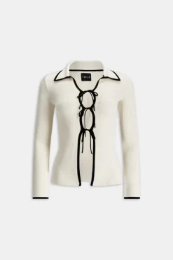 TALA Knitwear|Tops*Slim Fit Long Sleeve Ribbed Knit Tie Top - Buttermilk And Black