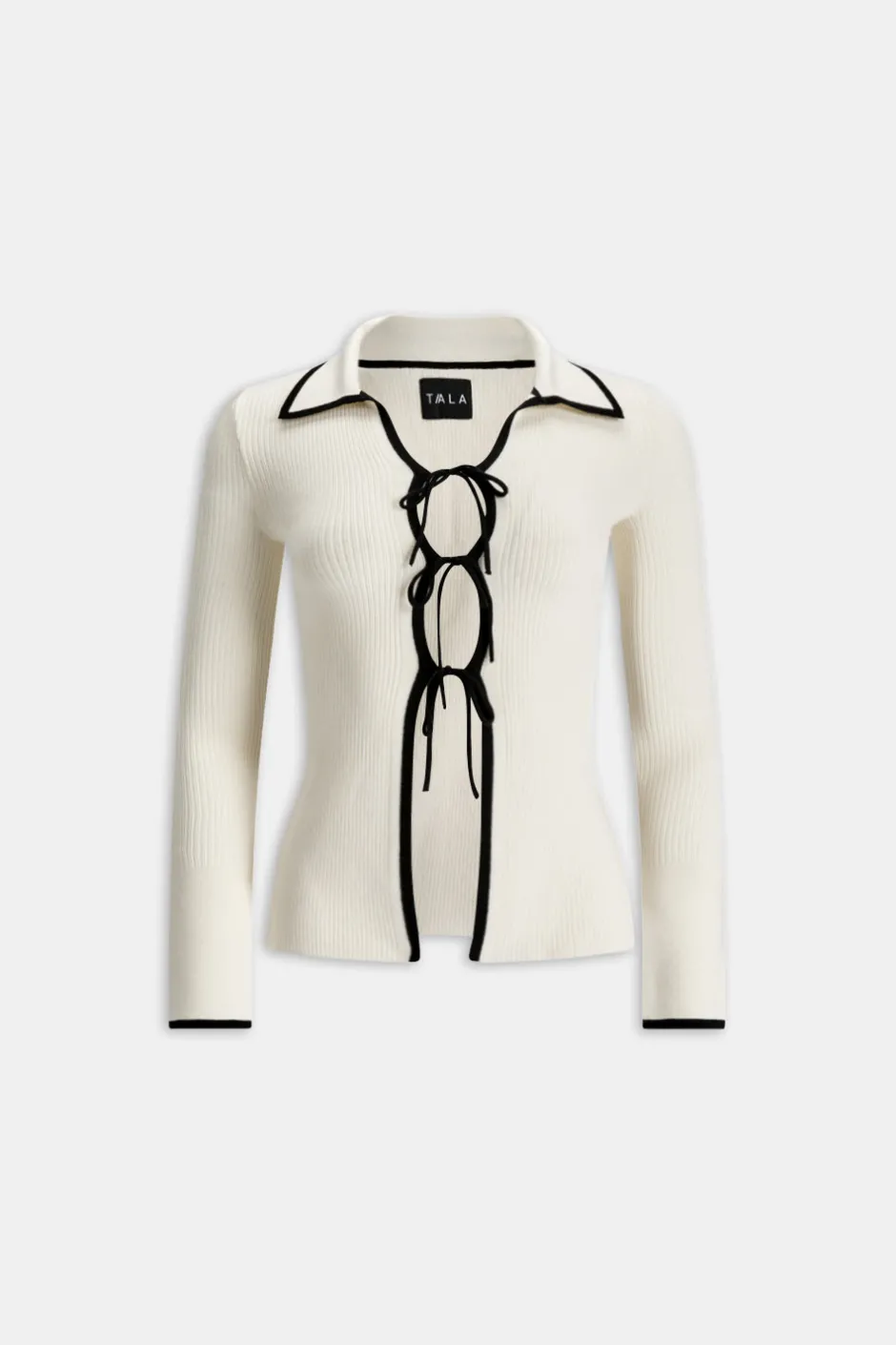 TALA Knitwear|Tops*Slim Fit Long Sleeve Ribbed Knit Tie Top - Buttermilk And Black