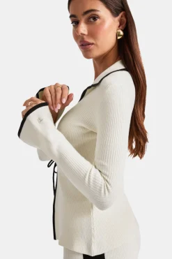 TALA Knitwear|Tops*Slim Fit Long Sleeve Ribbed Knit Tie Top - Buttermilk And Black