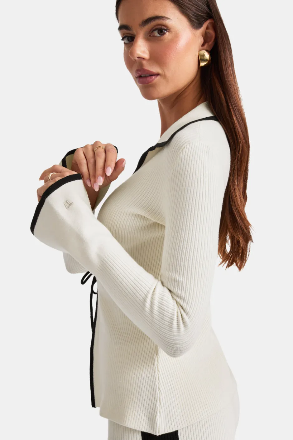 TALA Knitwear|Tops*Slim Fit Long Sleeve Ribbed Knit Tie Top - Buttermilk And Black