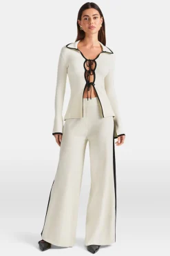 TALA Knitwear|Tops*Slim Fit Long Sleeve Ribbed Knit Tie Top - Buttermilk And Black