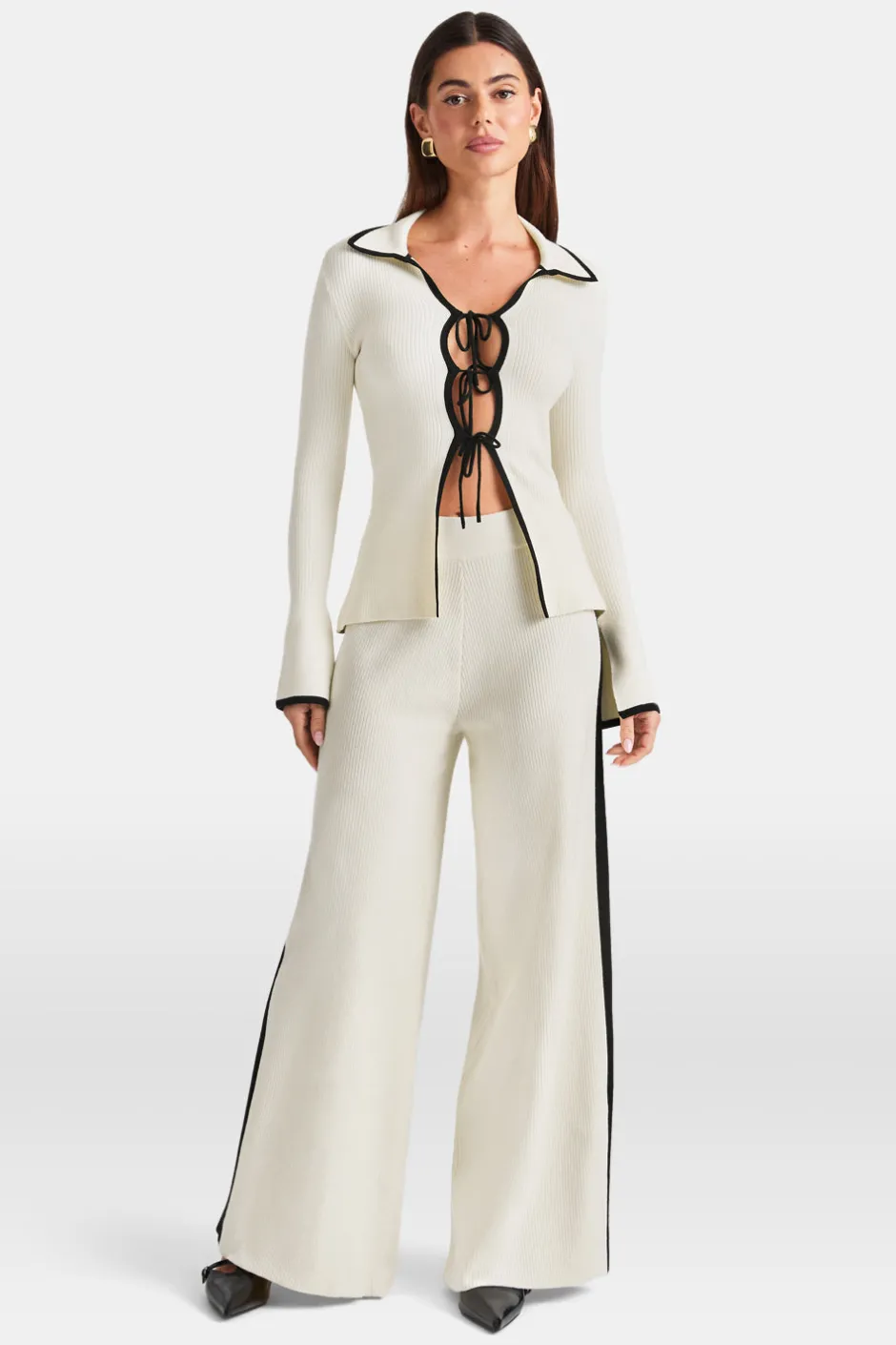 TALA Knitwear|Tops*Slim Fit Long Sleeve Ribbed Knit Tie Top - Buttermilk And Black