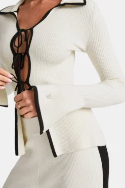 TALA Knitwear|Tops*Slim Fit Long Sleeve Ribbed Knit Tie Top - Buttermilk And Black