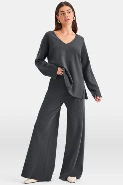 TALA Knitwear|Trousers*Wide Leg Contrast Ribbed Knit Trousers - Charcoal