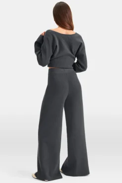 TALA Knitwear|Trousers*Wide Leg Contrast Ribbed Knit Trousers - Charcoal