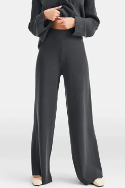 TALA Knitwear|Trousers*Wide Leg Contrast Ribbed Knit Trousers - Charcoal