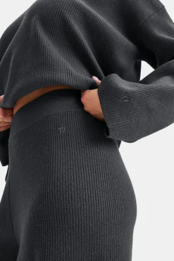 TALA Knitwear|Trousers*Wide Leg Contrast Ribbed Knit Trousers - Charcoal