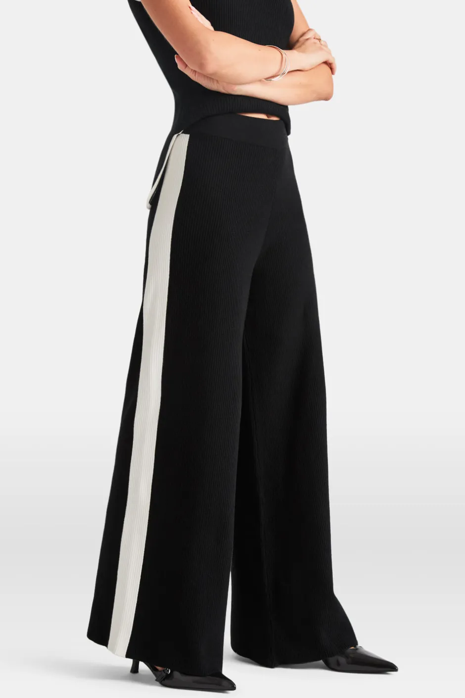 TALA Knitwear|Trousers*Wide Leg Contrast Ribbed Knit Trousers - And Buttermilk