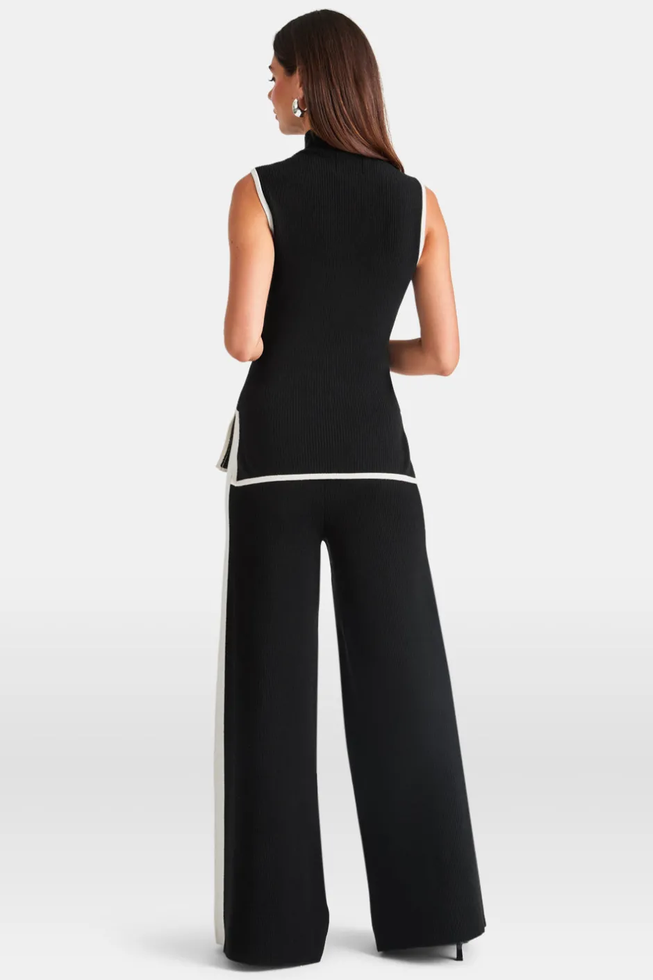 TALA Knitwear|Trousers*Wide Leg Contrast Ribbed Knit Trousers - And Buttermilk