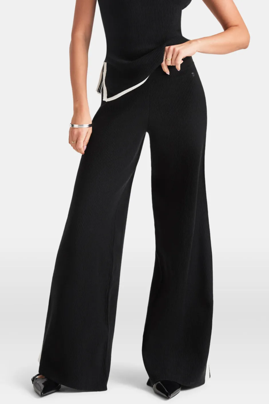 TALA Knitwear|Trousers*Wide Leg Contrast Ribbed Knit Trousers - And Buttermilk