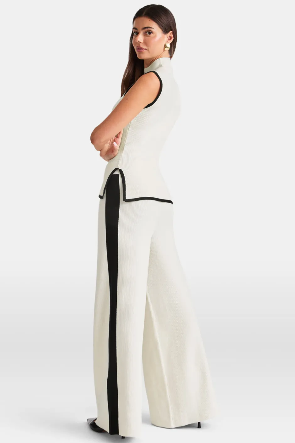 TALA Knitwear|Trousers*Wide Leg Contrast Ribbed Knit Trousers - Buttermilk And Black