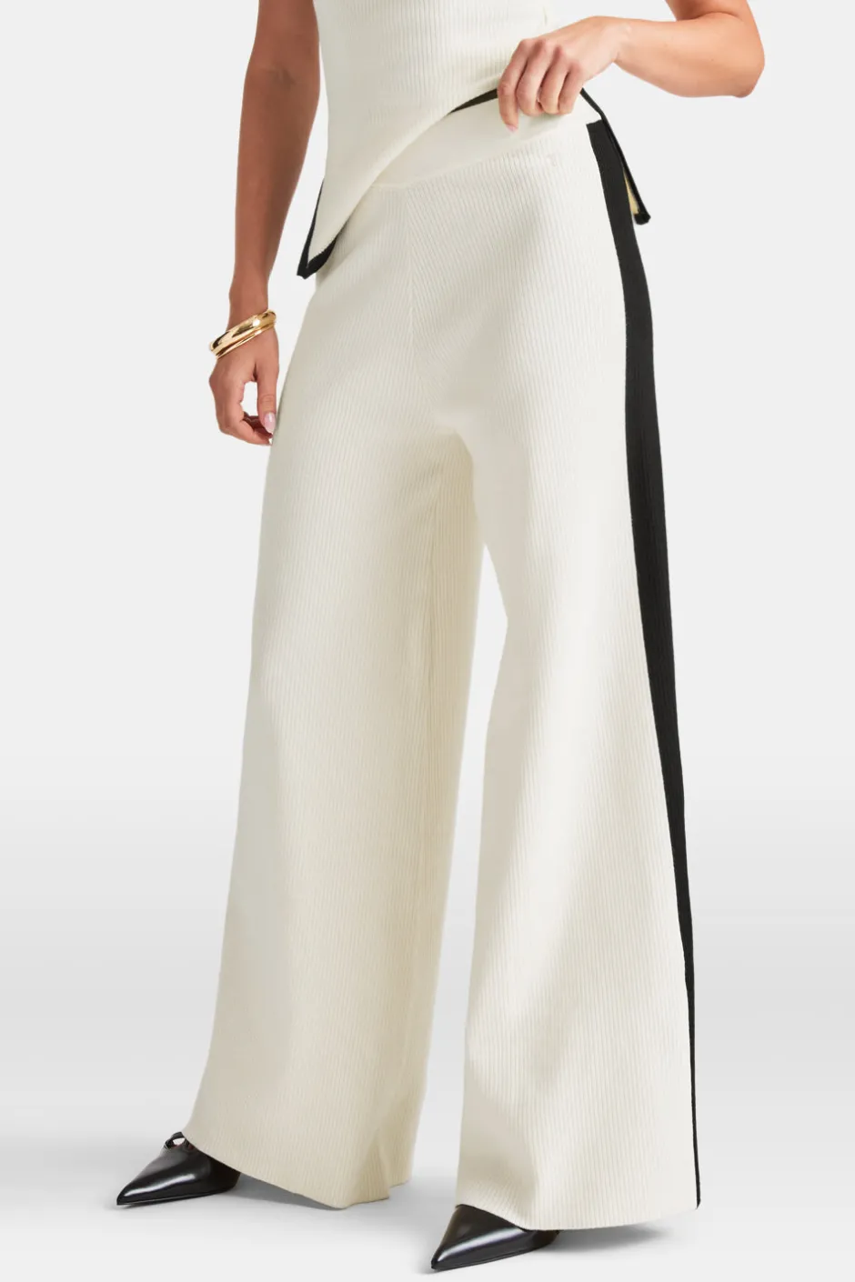 TALA Knitwear|Trousers*Wide Leg Contrast Ribbed Knit Trousers - Buttermilk And Black